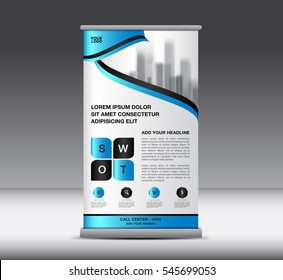 Blue Roll Up Banner template vector illustration, home, city, standy design, display, advertisement, x-banner
