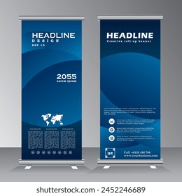 Blue roll up banner vertical template design, for brochure, business, flyer, infographics. modern x-banner and roll up banner advertising. vector illustration