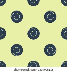 Blue Roll bun with cinnamon icon isolated seamless pattern on yellow background. Bakery products.  Vector Illustration