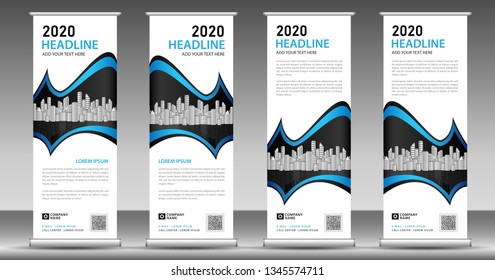 Blue roll up business banner design vertical template vector, pull up, web banner, display, stand layout, advertisement, presentation, abstract background