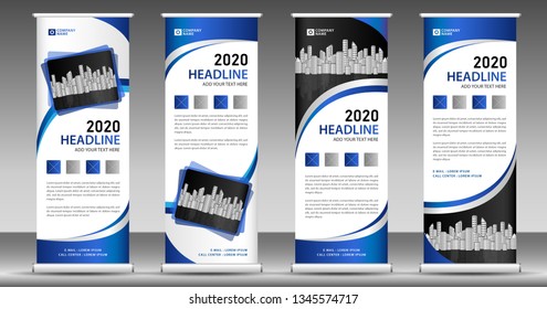 Blue Roll Up Business Banner Design Vertical Template Vector, Pull Up, Web Banner, Display, Stand Layout, Advertisement, Presentation, Abstract Background