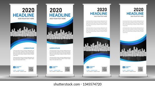 Blue roll up business banner design vertical template vector, pull up, web banner, display, stand layout, advertisement, presentation, abstract background
