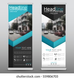 Blue roll up business banner design vertical template vector, cover presentation abstract geometric background, modern publication display and flag-banner, layout in rectangle