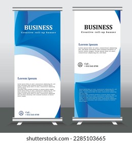 Blue roll up business brochure flyer banner design vertical template vector, cover presentation abstract geometric background, modern publication x-banner