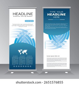 Blue roll-up brochura de negócios banner design vetor de modelo vertical, apresentação de capa abstrato fundo geométrico, publicação moderna x-banner