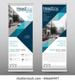 Blue roll up business brochure flyer banner design vertical template vector, cover presentation abstract geometric background, modern publication x-banner and flag-banner, layout in rectangle size.