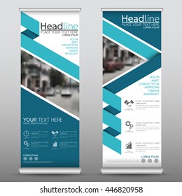 Blue roll up business brochure flyer banner design vertical template vector, cover presentation abstract geometric background, modern publication x-banner and flag-banner, layout in rectangle size.