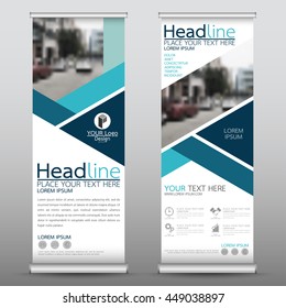 Blue roll up business brochure flyer banner design vertical template vector, cover presentation abstract geometric background, modern publication x-banner and flag-banner, layout in rectangle size.