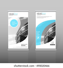 Blue roll up, brochure template. Vertical banner design. Presentation template roll up. Abstract roll up template. Business concept roll up. 