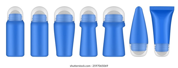 Blue roller ball bottles with transparent caps. Body antiperspirant deodorant roll-on. Realistic vector mockup. Roller Applicator	