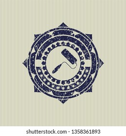 Blue roller brush icon inside distress rubber grunge stamp