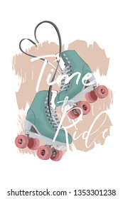 Blue roller skates decorated with laces in form of heart on pink background. Sport poster. Hand drawn vector.