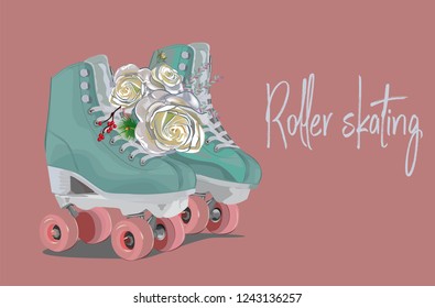 Blue roller skates decorated with roses on pink background. Sport poster. Hand drawn vector.