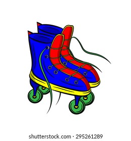 blue roller skates with untied lace on white background