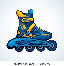 Blue rollerskate with brake design on rink road backdrop. Vibrant cyan color hand drawn summer race rollerblade logo emblem in retro art style. Closeup view with space for text