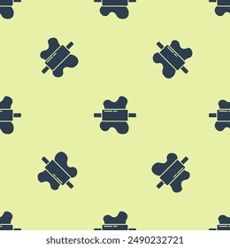 Blue Rolling pin on dough icon isolated seamless pattern on yellow background.  Vector