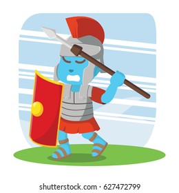 blue roman soldier taking spear for throwing