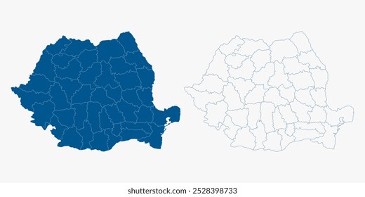 Blue Romania map with counties outline on white background for presentations, infographics, reports, posters