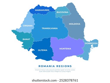 Mapa romeno azul com regiões delineadas e nomes de regiões, isolado no fundo branco