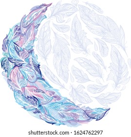 Blue Romantic Boho Tender Moon Vector Illustration
Selena symbol shape made of ornamental feathers on white background