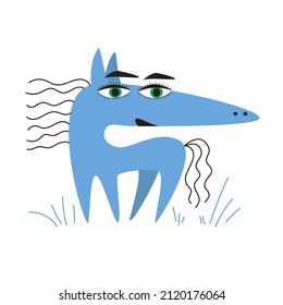 Blue romantic horse with eyes in love. Vector hand-drawn illustration about love