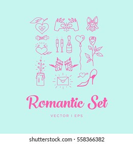 Blue Romantic St. Valentines Day Set. Contains images of couple of birds, rose, champagne with glasses, candle, balloon, gift, hands, envelope, bow tie, apple and heart. Inverted.