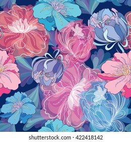 Blue Romantic Vector Floral Pattern | Seamless texture with creative sketch flower illustrations with watercolor effect on dark background