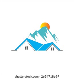 Blue rooftops with sunrise and mountain vector logo design