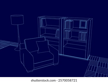 Blue room with a chair and a bookshelf. The chair is empty and the bookshelf is full of books. The room has a cozy and inviting atmosphere