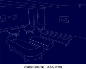 Blue room with a couch and a chair. The couch is on the left side of the room and the chair is on the right side