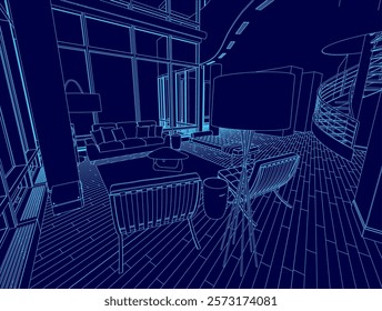 Blue room with a couch, a chair, and a table. The room is empty and has a modern feel