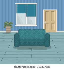 blue room interior with wood floor, sofa, window and door