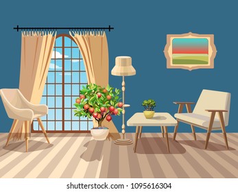 A blue room with a large window and a blue sky. Modern interior design. White furniture. Orange tree and potted plants. Vector illustration.
