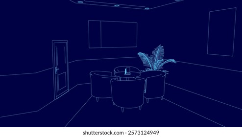 Blue room with a plant in the corner. The room is empty and has a blue color scheme