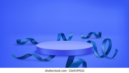 Blue room with podium and ribbons. Template for design. Vector 3d illustration
