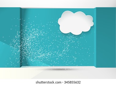 blue room with snowstorm, christmas background with paper cloud and realistic snow, vector