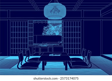 Blue room with a table and chairs. The room is empty and the only thing visible is the table