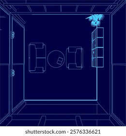 Blue room with a table and chairs. The room is empty and has a minimalist design