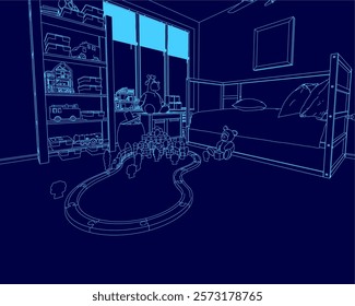 Blue room with a train track and a child playing with a teddy bear. The room is empty and the child is not present