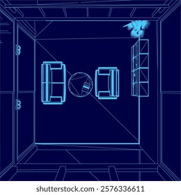 Blue room with two chairs and a table. The chairs are facing each other and the table is in the middle