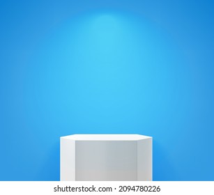 Blue room with white column and lamp light. Realistic 3d style vector illustration 