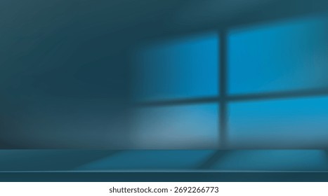 Una habitación azul con una sombra de ventana y un estante.