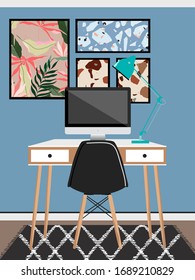 Blue room workspace. Computer on the table, picture frames on the wall, black chair. Trendy light room interior illustration. Working from home. Working desk. Modern design for banner, card.