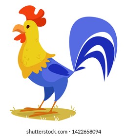 Blue rooster on a white background. Vector illustration in cartoon style.