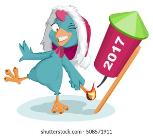 Blue Rooster Santa symbol 2017 to light fireworks rocket. Isolated on white vector cartoon illustration