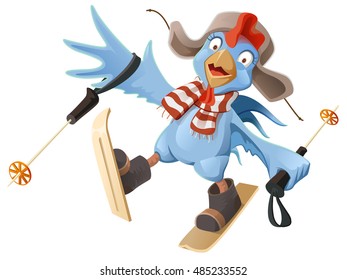 Blue Rooster symbol 2017. Cartoon Cock chicken skiing. Isolated on white vector illustration