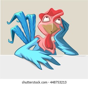 Blue Rooster symbol 2017. Cock bird is sitting at table. Cartoon illustration