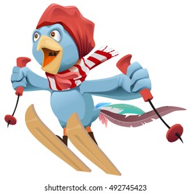 Blue Rooster symbol 2017 flies skiing. Isolated on white vector cartoon illustration