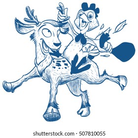 Blue Rooster symbol of 2017 rides on reindeer. Isolated on white fun vector cartoon illustration