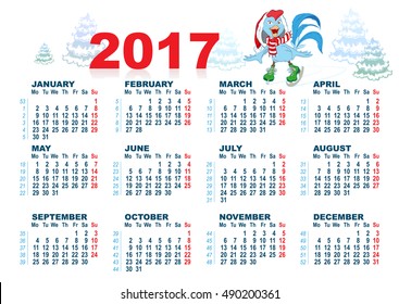 Blue Rooster symbol 2017 and wall calendar. Cartoon Cock chicken skates. Vector illustration